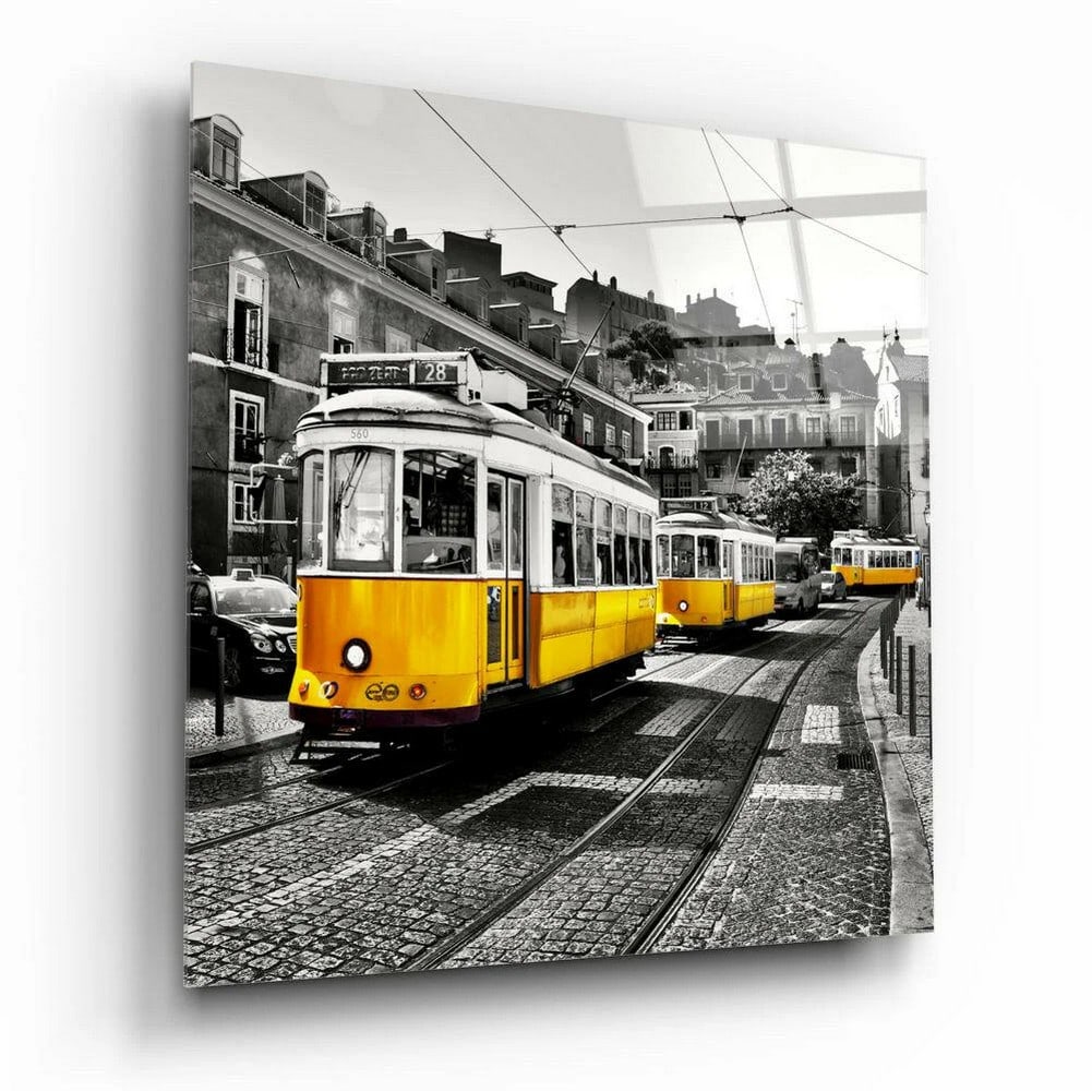 Lisbon Tram in Yellow Tempered Glass Wall Art (1 of 1)