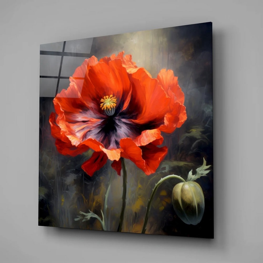 Poppy Flower Tempered Glass Wall Art: Poppy Flower Tempered Glass Wall Art This tempered glass wall art features a vivid composition of poppy flowers, showcasing delicate petals and organic movement in a clean, modern style. The rich tone