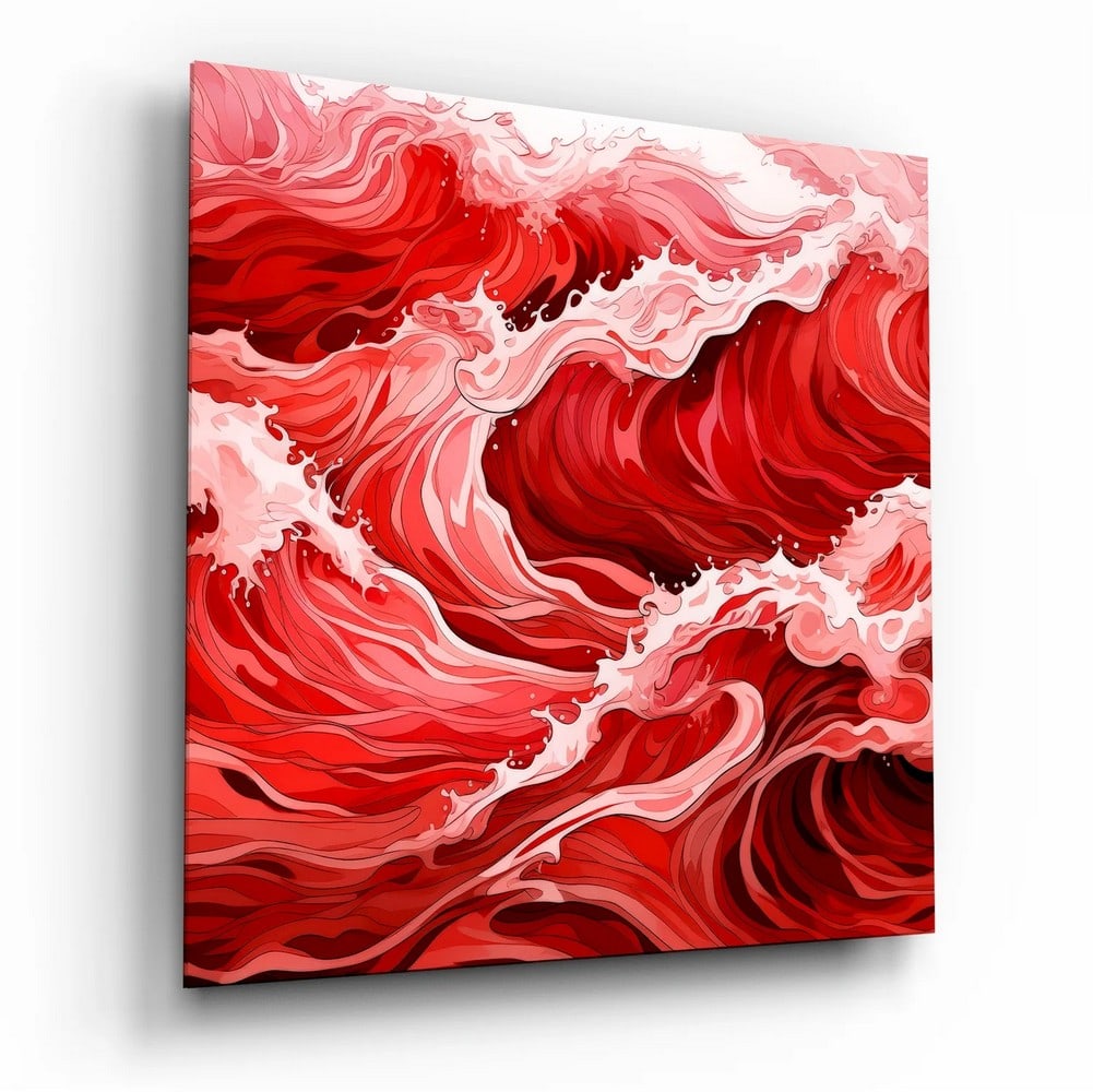 Red Waves Tempered Glass Wall Art: Red Waves Tempered Glass Wall Art This tempered glass wall art features a dynamic composition of flowing red waves, emphasizing movement and layered form. The sweeping lines and tonal variations creat