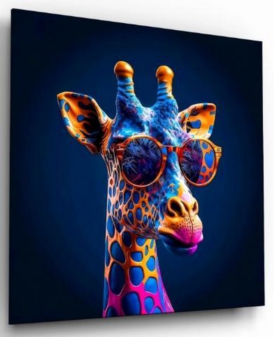 Cool Giraffe in Color: Tempered Glass Wall Art: Cool Giraffe in Color: Tempered Glass Wall Art Playful and bold, this tempered glass wall art features a stylish giraffe rocking sunglasses and painted in a vibrant mix of blue, orange, yellow, and pi