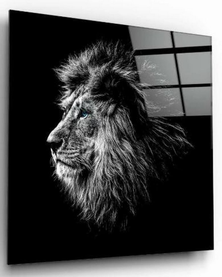 Blue-Eyed Majesty Tempered Glass Wall Art: Blue-Eyed Majesty Tempered Glass Wall Art This powerful black and white tempered glass wall art captures the side profile of a lion's face in stunning detail. The monochrome palette highlights the tex
