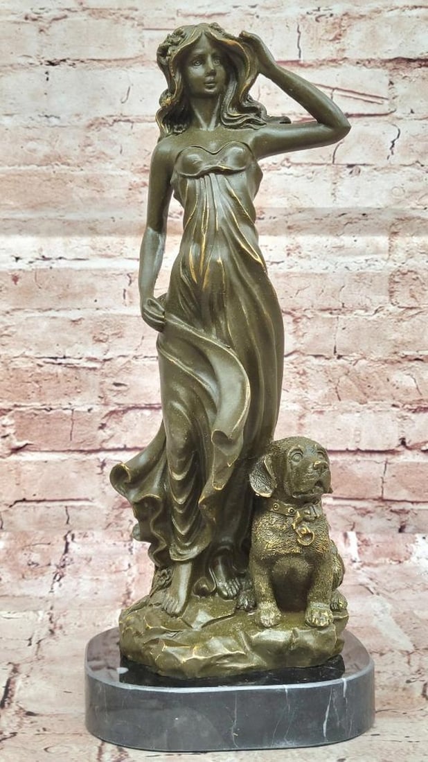 Bronze Maiden with Dog by Aldo Vitaleh - Elegant Companion Sculpture on Marble Base - 14" x 6": Bronze Maiden with Dog by Aldo Vitaleh - Elegant Companion Sculpture on Marble Base - 14" x 6" This graceful bronze sculpture by Aldo Vitaleh presents a serene young woman standing beside her 