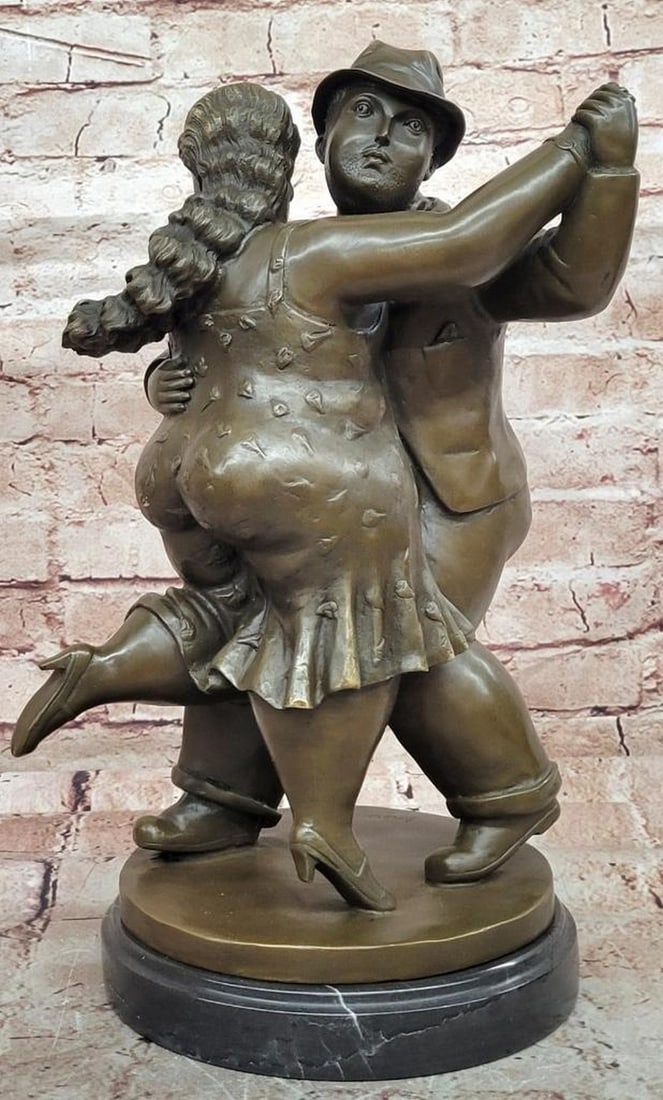 Dancing Couple II' Bronze Figurine - 14.5" x 9": 'Dancing Couple II' Bronze Figurine - 14.5" x 9" This contemporary bronze figurine, inspired by the iconic style of Fernando Botero, depicts a joyful dancing couple captured in a moment of rhy