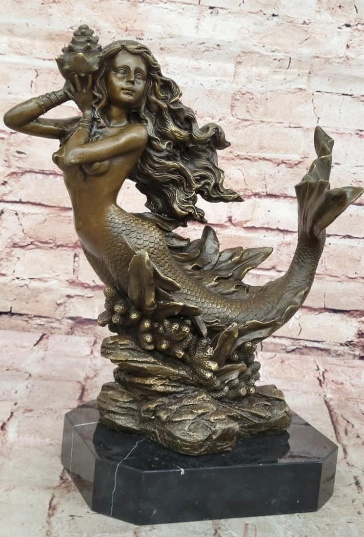 Mermaid' Bronze Sculpture Signed by Milo - 14" x 12": 'Mermaid' Bronze Sculpture Signed by Milo - 14" x 12" This captivating bronze sculpture by Portuguese artist Miguel Lopez, also known as Milo, depicts a graceful mermaid, embodying the mystiqu