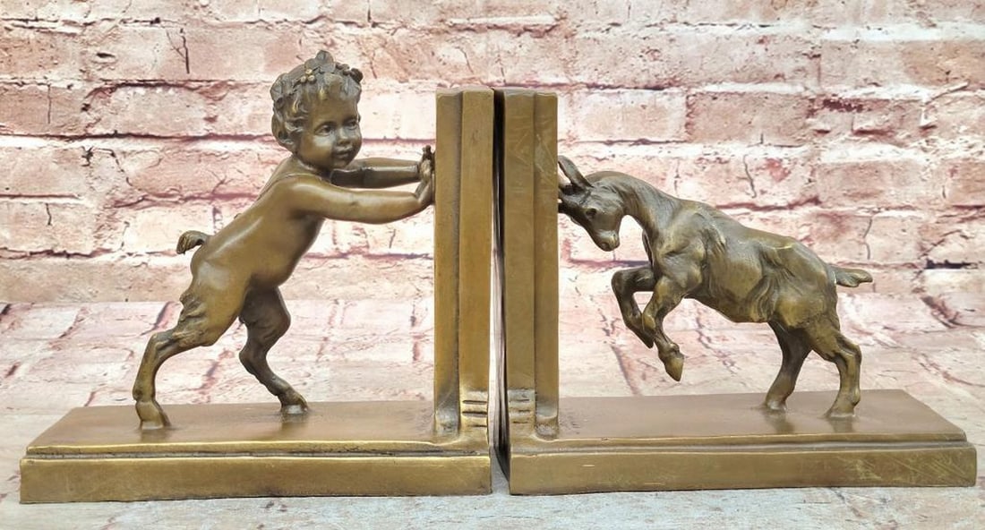 French Art Deco Satyr & Goat Bronze Bookends by Milo - 7.5" x 7.5": French Art Deco Satyr & Goat Bronze Bookends by Milo - 7.5" x 7.5" These genuine French Art Deco bronze bookends by Milo depict a satyr alongside a goat, capturing a mythological theme with st