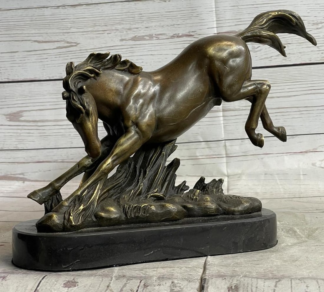 Signed Original Fierce Horse Bronze Sculpture On Marble Base- 9" x 13": Signed Original Fierce Horse Bronze Sculpture On Marble Base- 9" x 13" Immerse yourself in the beauty and grace of nature with this exquisite bronze sculpture depicting a wild horse in all its