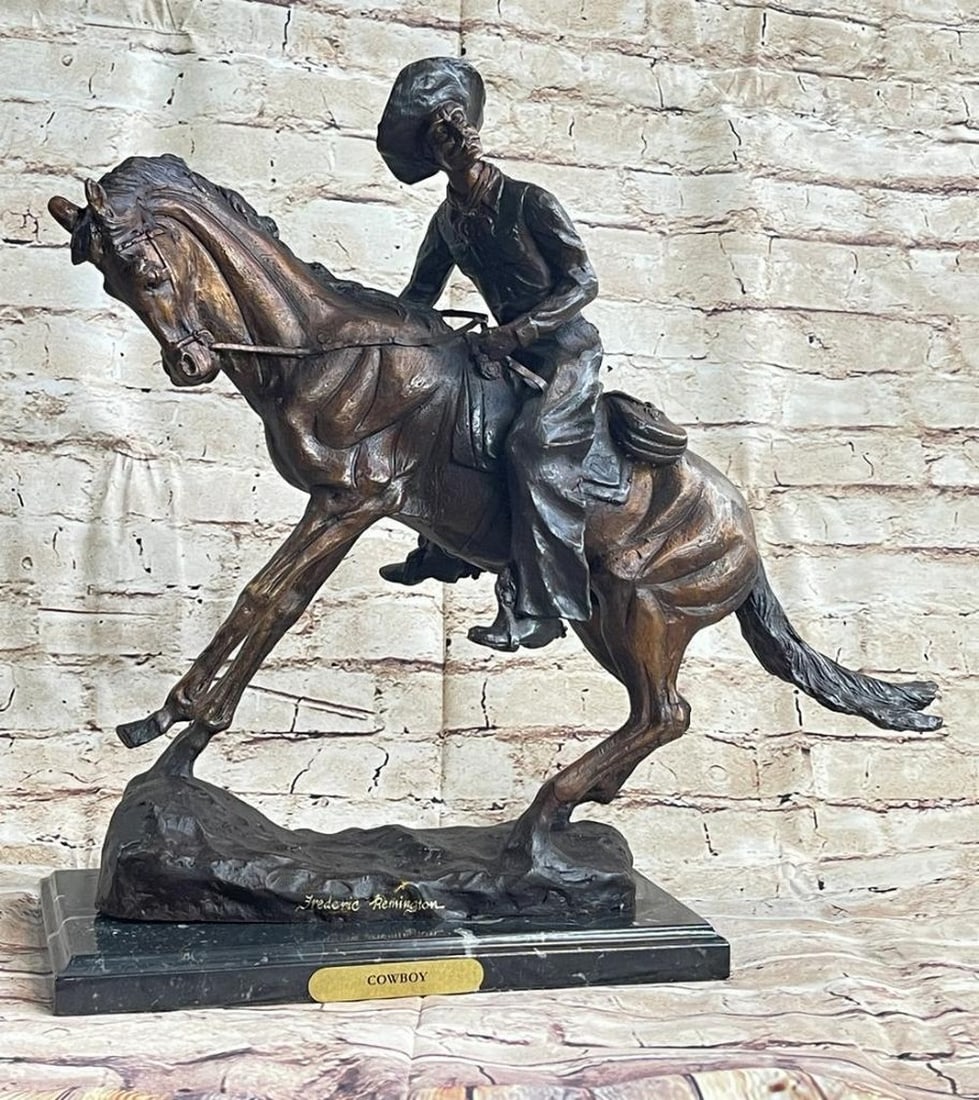 Frederic Remington Cowboy Bronze Statue Sculpture Country Western Art 17" x 21": Frederic Remington Cowboy Bronze Statue Sculpture Country Western Art 17" x 21" Step into the rugged world of the Old West with this captivating bronze sculpture that captures a seasoned cowbo