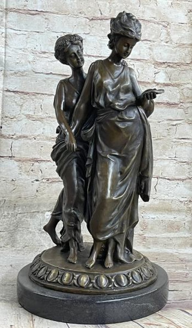 Whispers of Antiquity Bronze Greek Women Sculpture: Whispers of Antiquity Bronze Greek Women Sculpture Timeless and contemplative, this is an elegant bronze sculpture depicting two Greek women in a moment of shared intimacy and quiet focus. One figure 