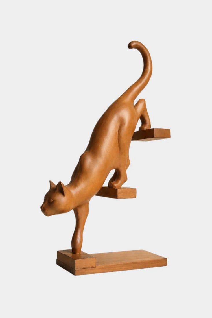 Descending Grace Wooden Cat Sculpture (1 of 3)