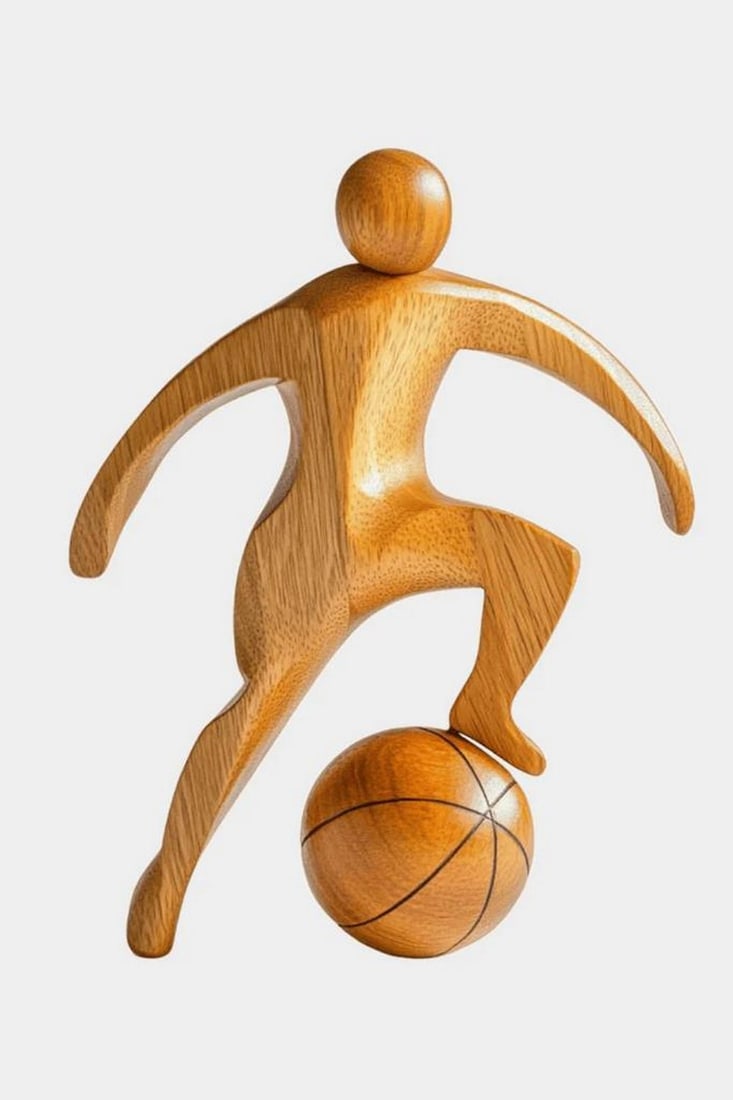 Elevated Balance' Wooden Abstract Sculpture: 'Elevated Balance' Wooden Abstract Sculpture A hand?carved wooden sculpture depicting a stylized human figure poised with one foot resting on a carved basketball. Smooth, flowing contours highlight th