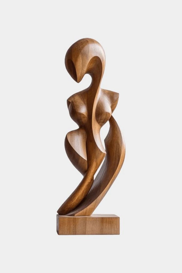Abstract Female Form Wooden Sculpture: Abstract Female Form Wooden Sculpture A graceful wooden sculpture that interprets the female form through flowing curves and minimalist abstraction. Carved from a single piece of wood and set on a rec