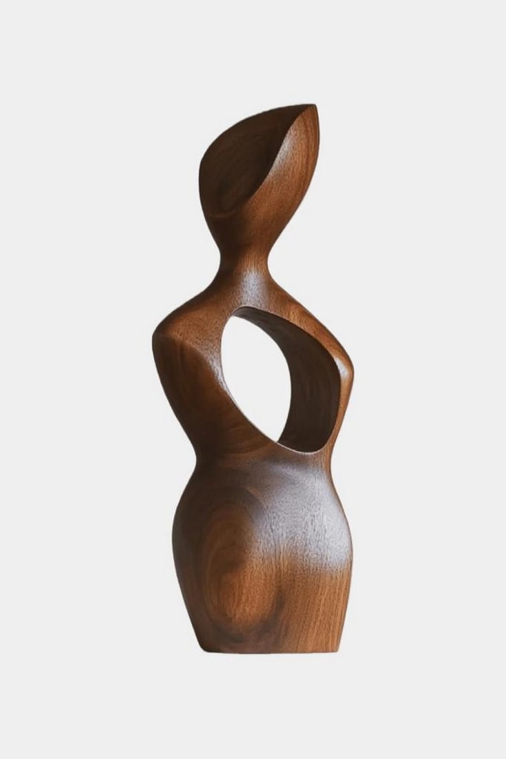 Whisper Form - Stylized Wooden Figure Sculpture: Whisper Form - Stylized Wooden Figure Sculpture An elegant wooden sculpture that captures the essence of human form through abstraction and fluid design. Carved with smooth curves and a hollowed