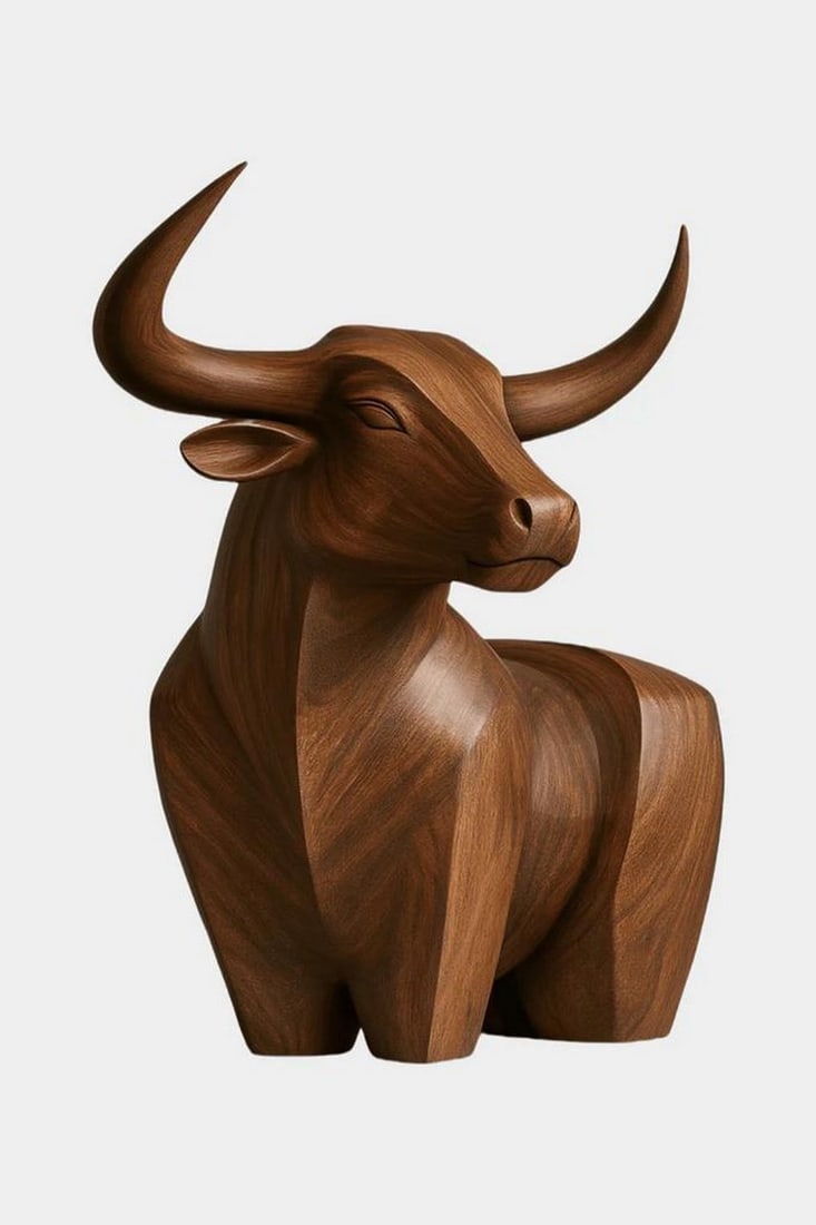 Momentum in Grain' Wooden Bull Sculpture: 'Momentum in Grain' Wooden Bull Sculpture A powerful wooden sculpture capturing the essence of strength and motion through minimalist design. This stylized bull features smooth, angular surfaces and