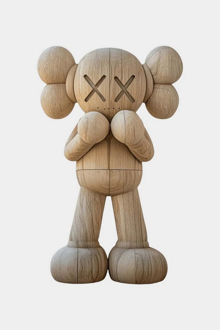 Whispers in Grain' KAWS-Inspired Wooden Character Sculpture: 'Whispers in Grain' KAWS-Inspired Wooden Character Sculpture A modern wooden sculpture inspired by the iconic style of KAWS, featuring a stylized figure with exaggerated cartoon-like proportions and