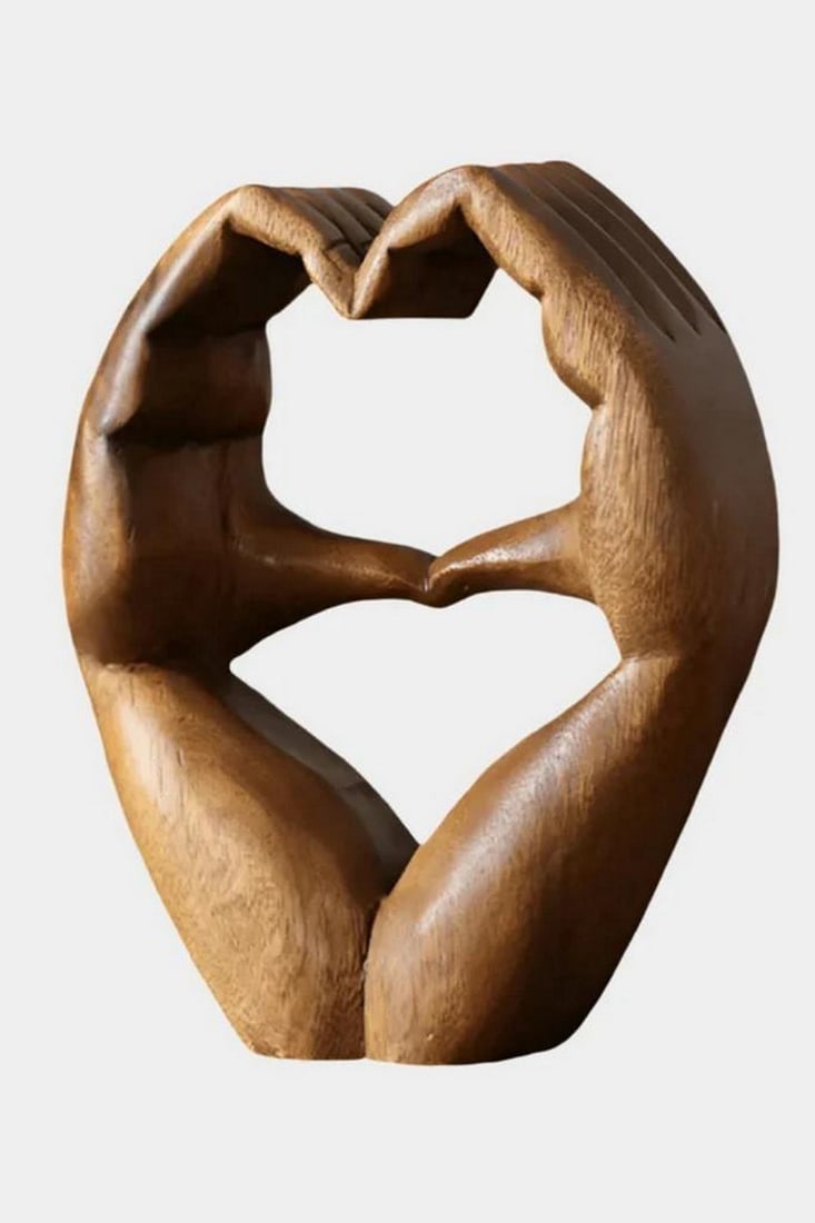 "Hands of the Heart" Wooden Abstract Sculpture: "Hands of the Heart" Wooden Abstract Sculpture A detailed wood-style sculpture of two hands forming a heart shape, symbolizing connection, care, and unity. The organic texture and lifelike con