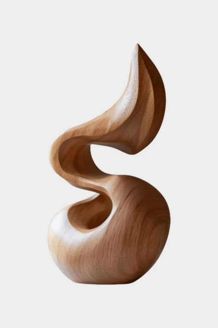 Flow in Form' Abstract Wood Sculpture: 'Flow in Form' Abstract Wood Sculpture A captivating abstract sculpture carved from solid wood, featuring a fluid, curvilinear design that twists upward in a graceful motion. The organic shape evokes 