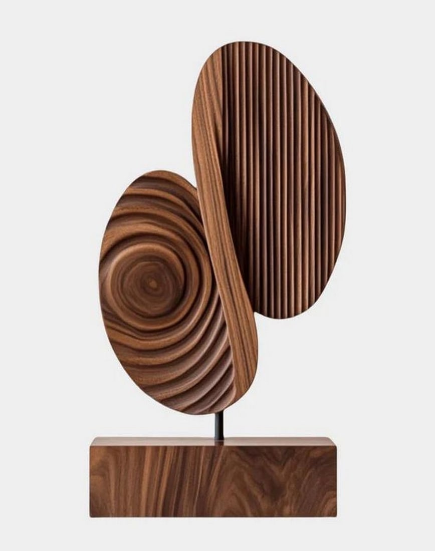 "The Space Between" Wooden Abstract Sculpture: "The Space Between" Wooden Abstract Sculpture A sculptural exploration of balance and texture, featuring two carved wooden ovals - one with radiating rings, the other with linear grooves - mou
