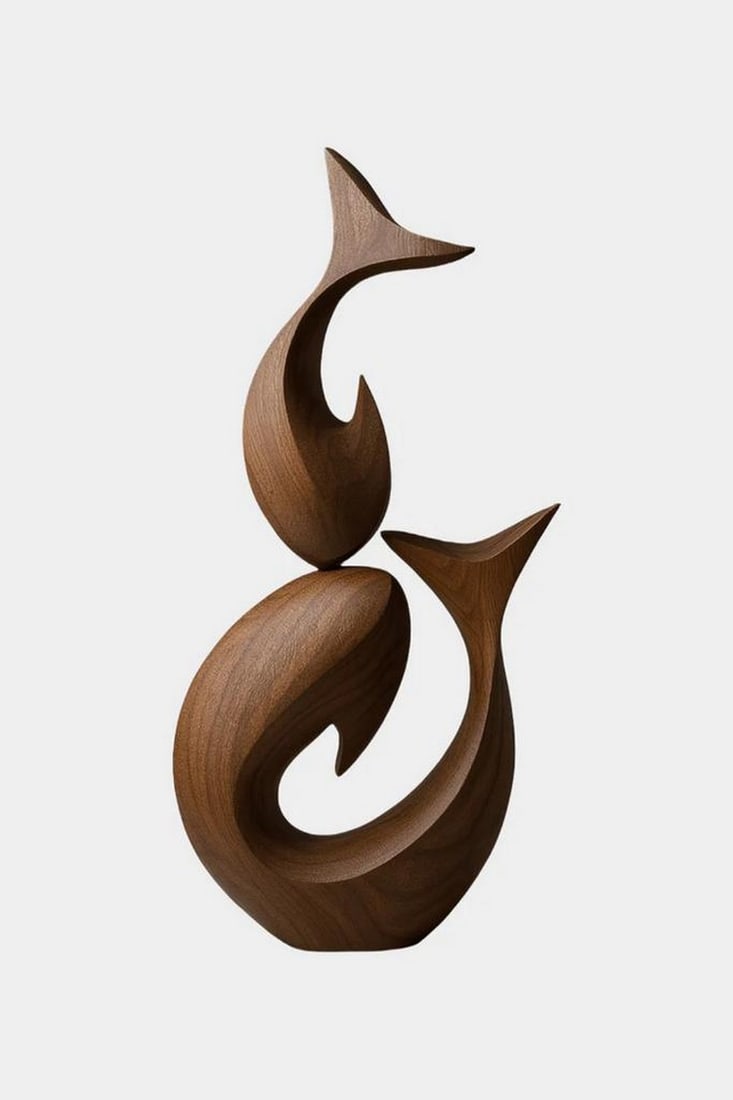 Dance of the Sea' Wooden Dolphin Sculpture: 'Dance of the Sea' Wooden Dolphin Sculpture A graceful wooden sculpture featuring two stylized dolphins in motion, carved with fluid curves and a polished finish that accentuates the natural grain of