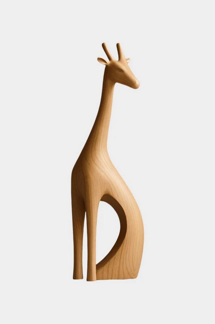 Grace in Height' Wooden Giraffe Sculpture: 'Grace in Height' Wooden Giraffe Sculpture A minimalist wooden sculpture capturing the elegance and stature of a stylized giraffe. Smooth curves and a simplified silhouette emphasize the animal's elon