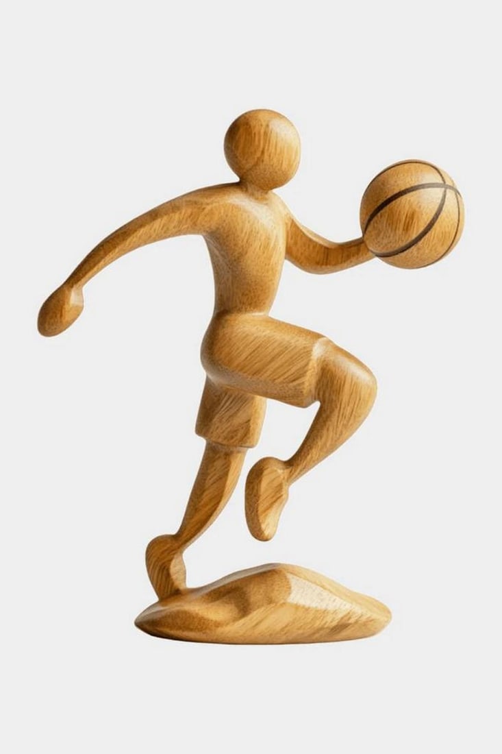 Motion in Play' Wooden Basketball Sculpture: 'Motion in Play' Wooden Basketball Sculpture A dynamic wooden sculpture capturing the energy and movement of a basketball player in action. The stylized figure is depicted mid-stride, with one leg rai