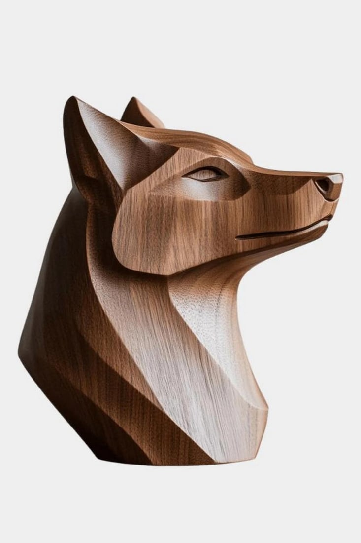 Geometric Fox Head Wooden Sculpture: Geometric Fox Head Wooden Sculpture A contemporary wooden sculpture that captures the essence of a fox through clean lines and angular precision. With pointed ears, a subtly carved snout, and