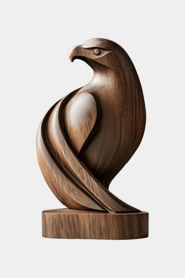 Majestic Bird Wooden Sculpture: Majestic Bird Wooden Sculpture An elegant wooden sculpture capturing the vigilant presence of a bird of prey, likely an eagle or hawk. Carved from a single piece of wood, its smooth lines and