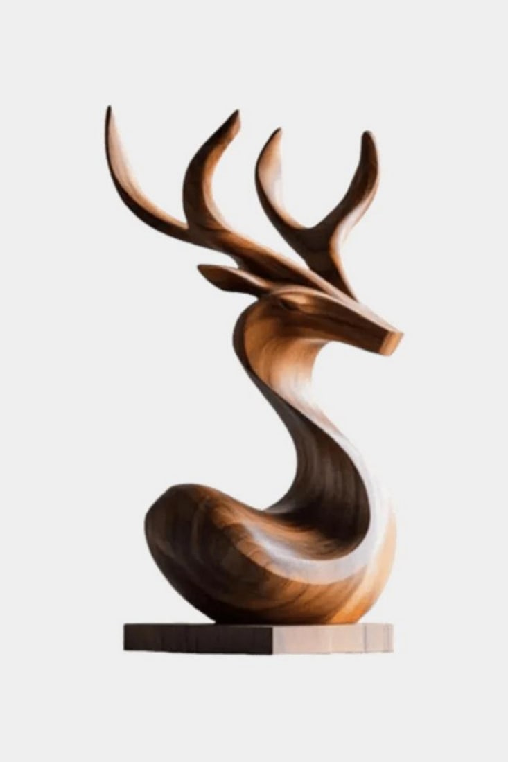Graceful Deer Head Wooden Sculpture: Graceful Deer Head Wooden Sculpture A contemporary wooden sculpture that reimagines the deer head with flowing curves and refined abstraction. The elongated antlers and looped base create a sense of