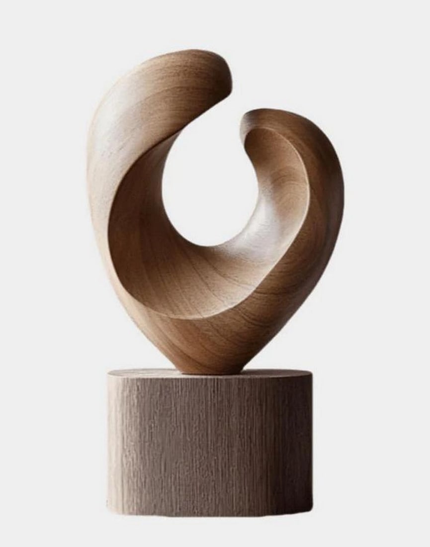Wooden Flow' Abstract Sculpture: 'Wooden Flow' Abstract Sculpture A smooth, modern wood sculpture showing two shapes curling around each other. The natural wood grain gives it a warm, earthy feel, and the curves make it look like the