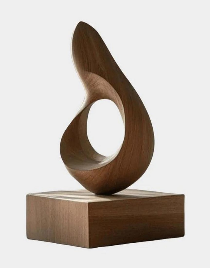 Contemporary Teardrop Wood Sculpture: Contemporary Teardrop Wood Sculpture Elegant and organically shaped, this handcrafted wooden sculpture features a smooth, teardrop-inspired silhouette with a hollow center that adds lightness and visu