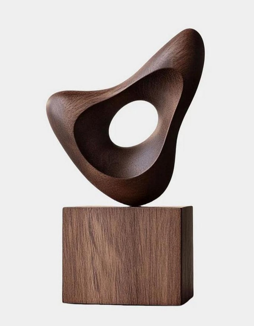 Flowform Wooden Sculpture on Base: Flowform Wooden Sculpture on Base This mesmerizing abstract sculpture features a fluid, asymmetrical design carved from richly grained wood. The central aperture invites light and movement through the