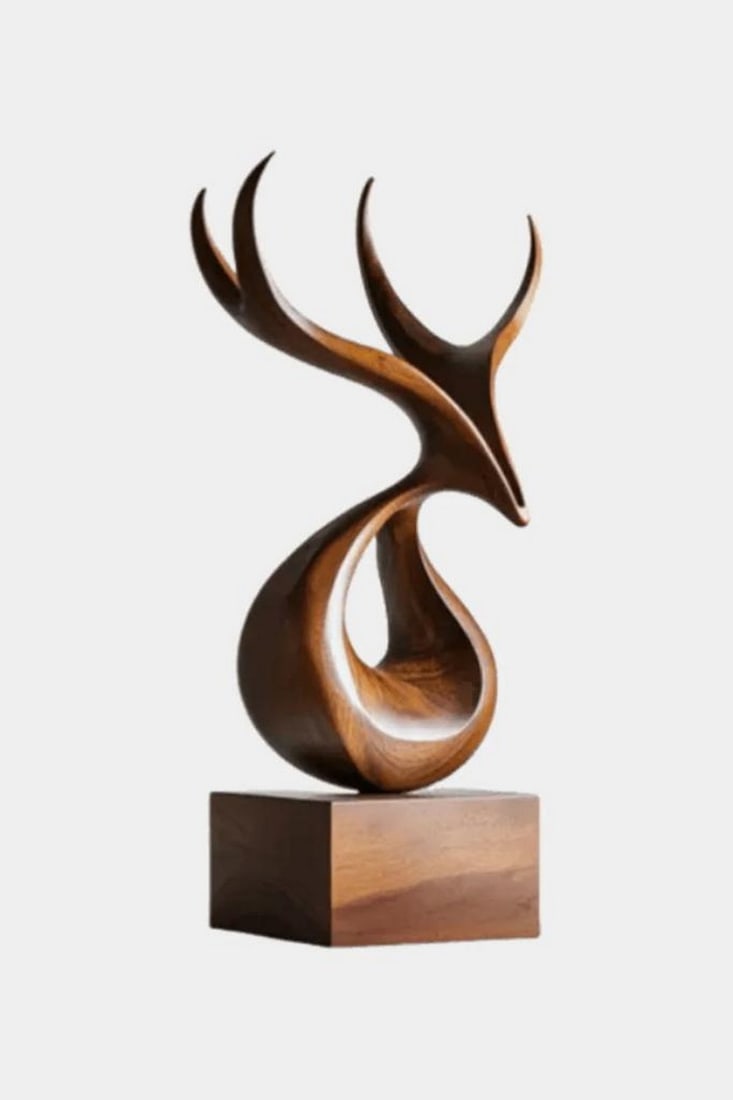 Elegant Deer Head Wooden Sculpture: Elegant Deer Head Wooden Sculpture A modern abstract sculpture capturing the essence of a deer through graceful design and flowing curves. The refined antlers and smooth contours evoke poise and stren