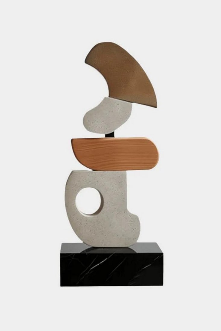 Abstract Harmony Wooden Abstract Sculpture: Abstract Harmony Wooden Abstract Sculpture This striking wooden sculpture balances form, color, and rhythm in a vertically stacked composition. Anchored by a bold black base, the piece ascends through