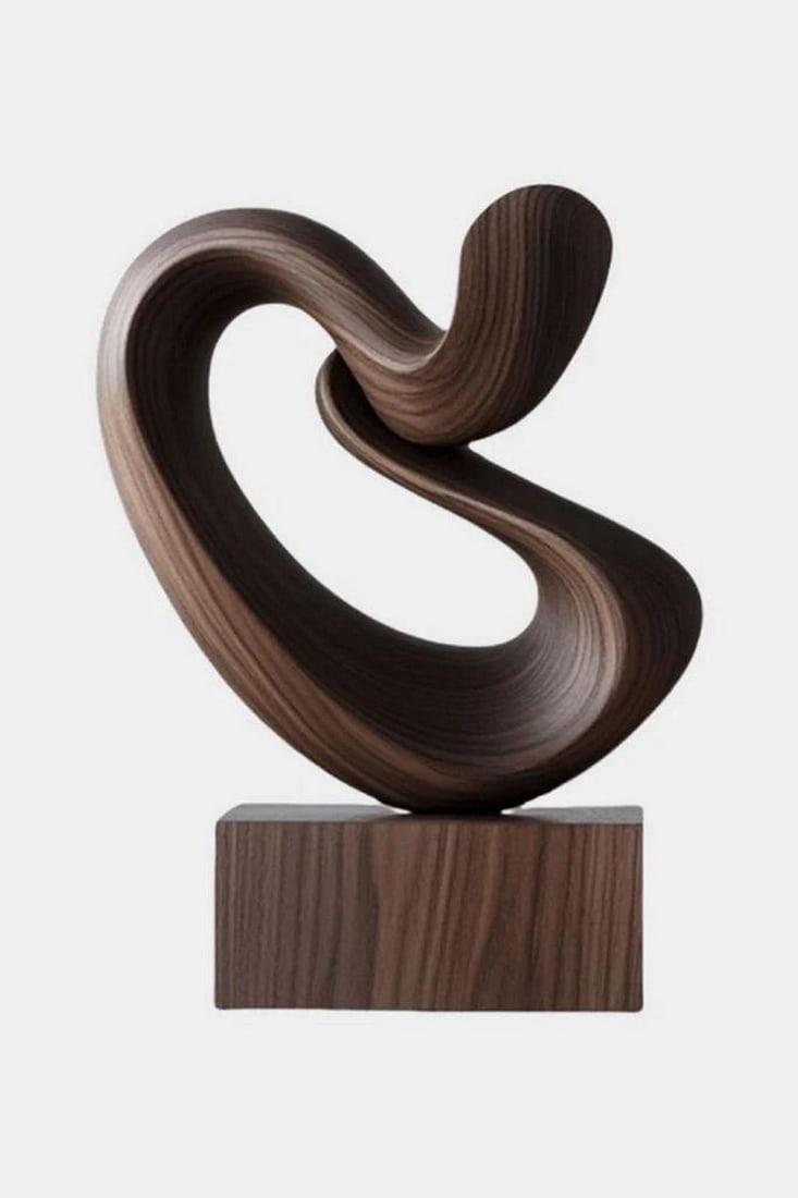 "Eternal Flow" Hand-Carved Wooden Sculpture: "Eternal Flow" Hand-Carved Wooden Sculpture This captivating abstract sculpture features a continuous loop of richly grained wood, masterfully carved into a flowing, organic form. Its smooth c