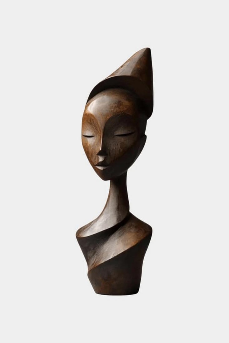 Elongated Serenity Bust Sculpture: Elongated Serenity Bust Sculpture A contemporary wooden sculpture featuring a smooth, elongated bust with refined facial contours and a graceful upward silhouette. The minimalist lines, polished finis