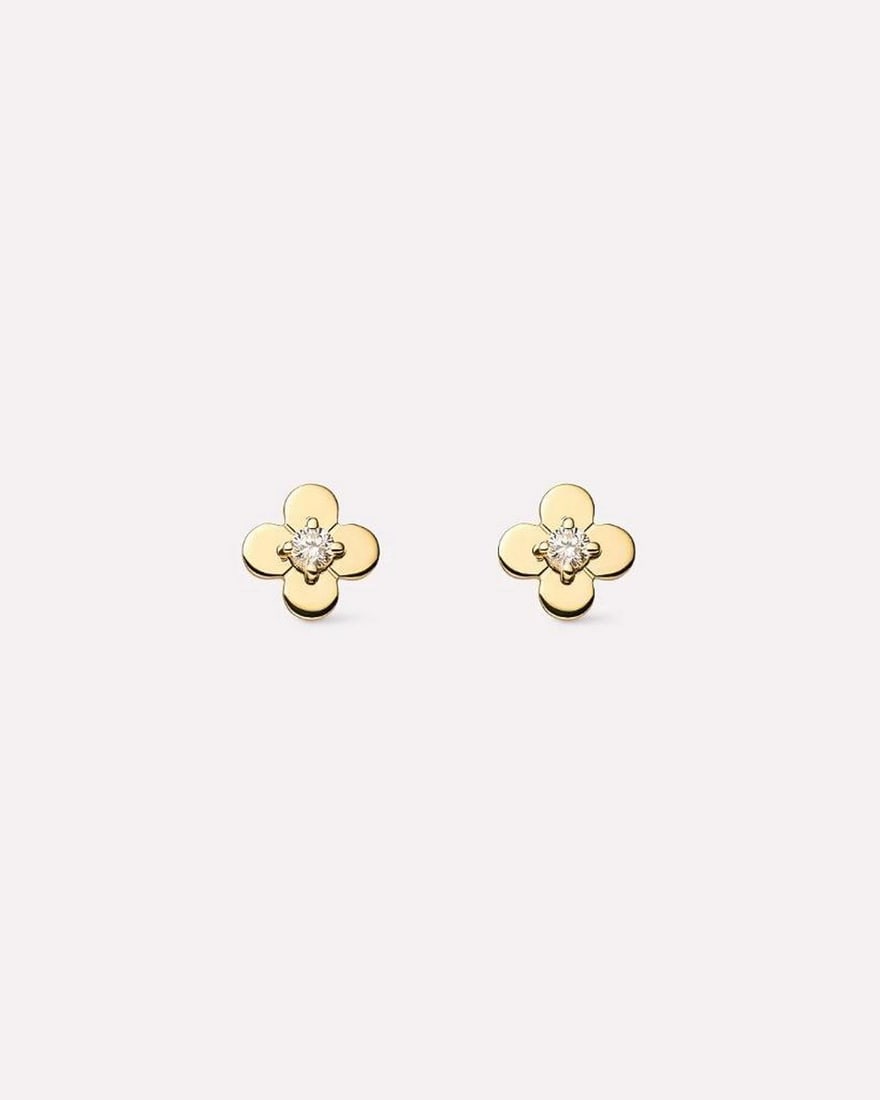 Solid Gold Flower Stud Earrings: Solid Gold Flower Stud Earrings These earrings are crafted from recycled solid yellow gold and feature a delicate four-petal flower silhouette set with a lab-grown diamond. Designed for durability, th