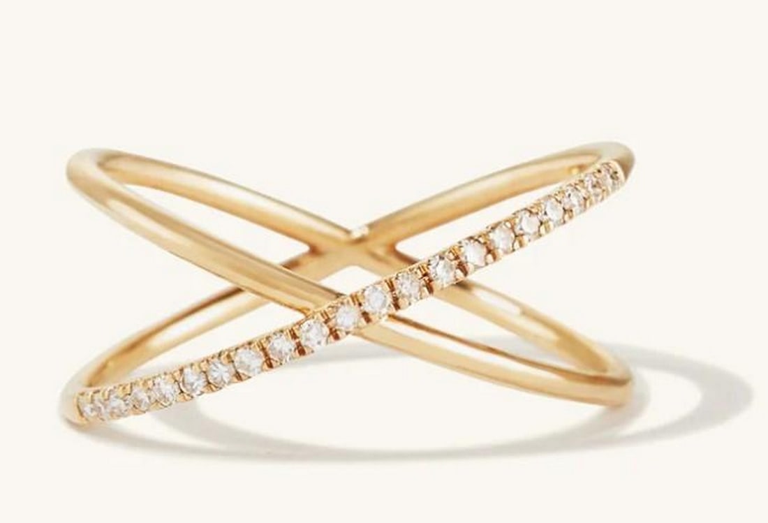 14K Gold Crisscross Pave Diamond Ring: 14K Gold Crisscross Pave Diamond Ring Gracefully intersecting bands of 14K gold form a striking X silhouette, elegantly lined with pave-set diamonds for a refined shimmer. This modern ring balances