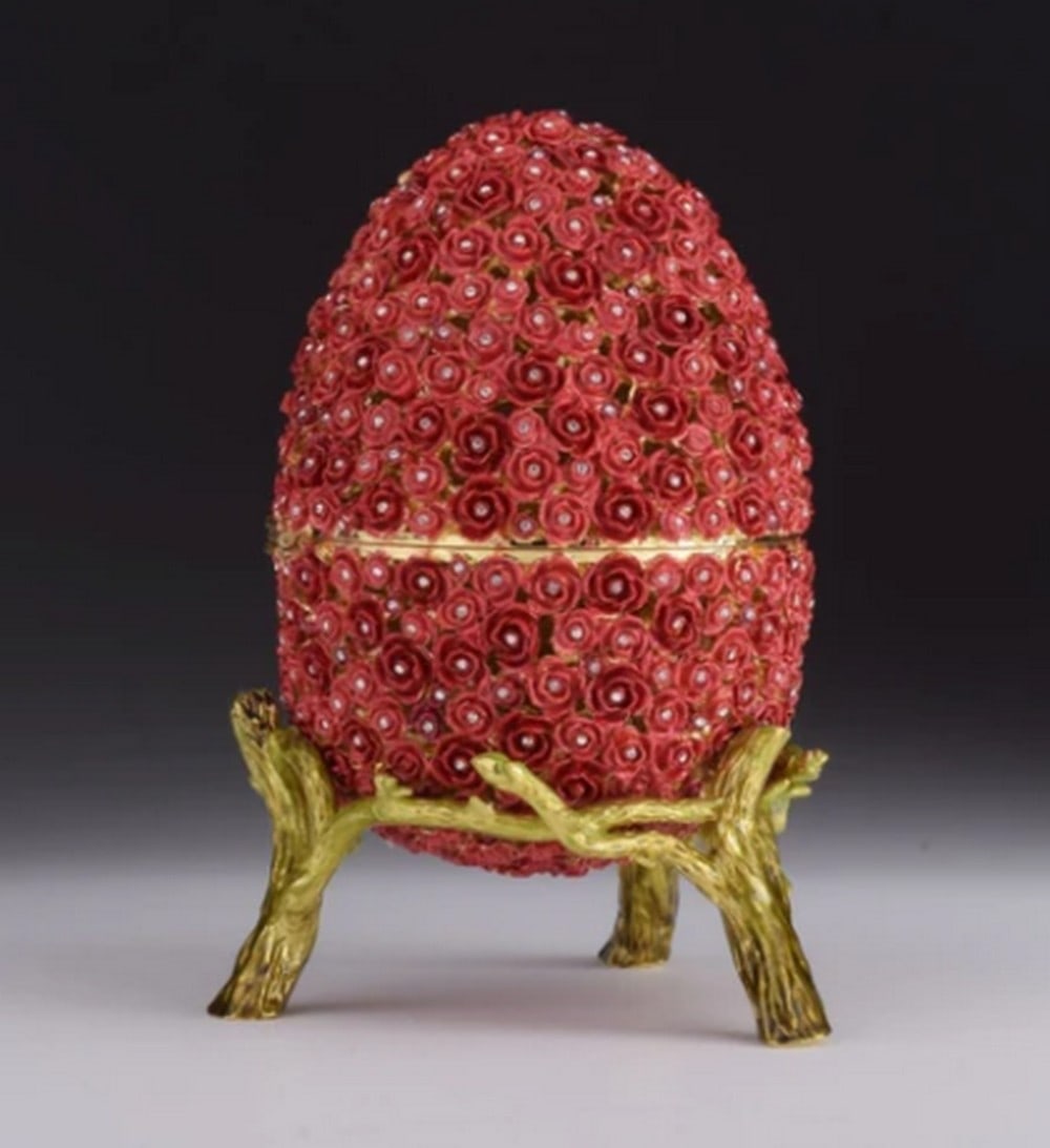 Red Flowers Faberge Egg: Red Flowers Faberge Egg Enamel painted trinket box decorated with austrian crystals. Plated with 24K Gold, each crystal is handpicked and artistically placed on each piece, the trinket box has a