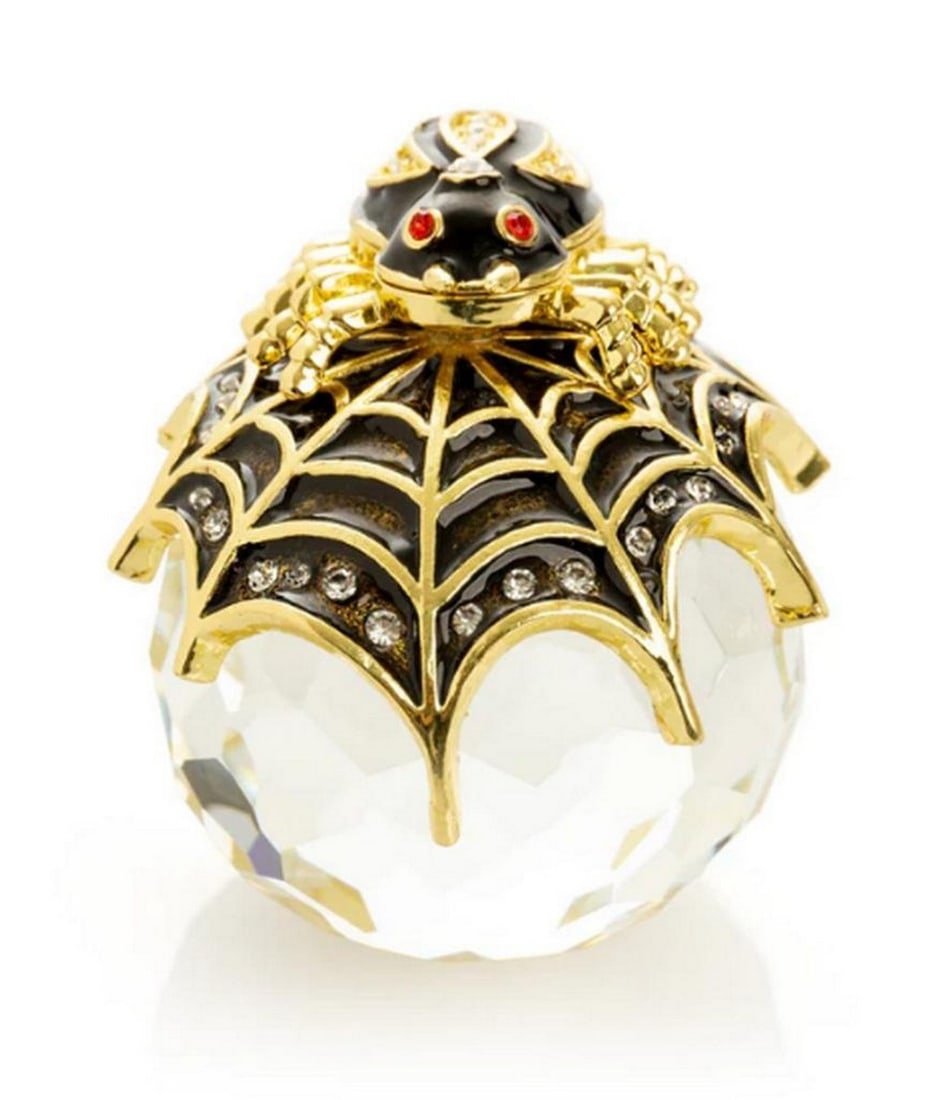 Crystal Web Spider Trinket Box: Crystal Web Spider Trinket Box This hand-painted enamel trinket box, adorned with Austrian crystals, is plated in 24K gold or 925 silver and features a secure magnetic closure. Each crystal is