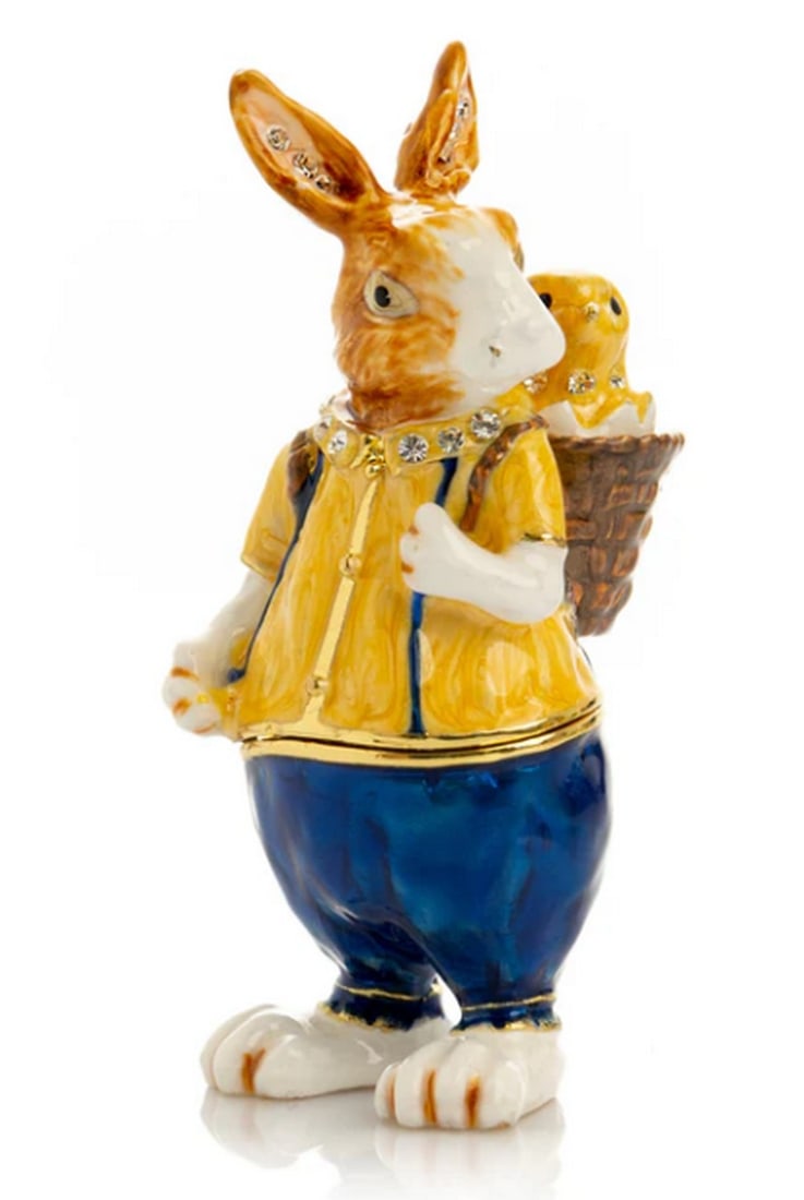 Springtime Bunny with Baby Chick Basket Trinket Box: Springtime Bunny with Baby Chick Basket Trinket Box Rabbits and bunnies have long held a special place in hearts worldwide, captivating us with their charm and endearing qualities. These fluffy