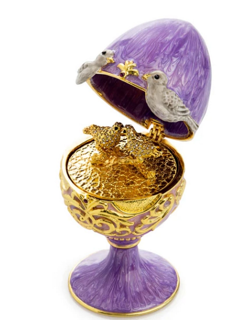 Lavender Egg with Golden Love Doves Trinket Box: Lavender Egg with Golden Love Doves Trinket Box This stunning piece features an imprinted stamp on the inside and is elegantly plated with 24K gold. Each handpicked crystal is artistically placed,