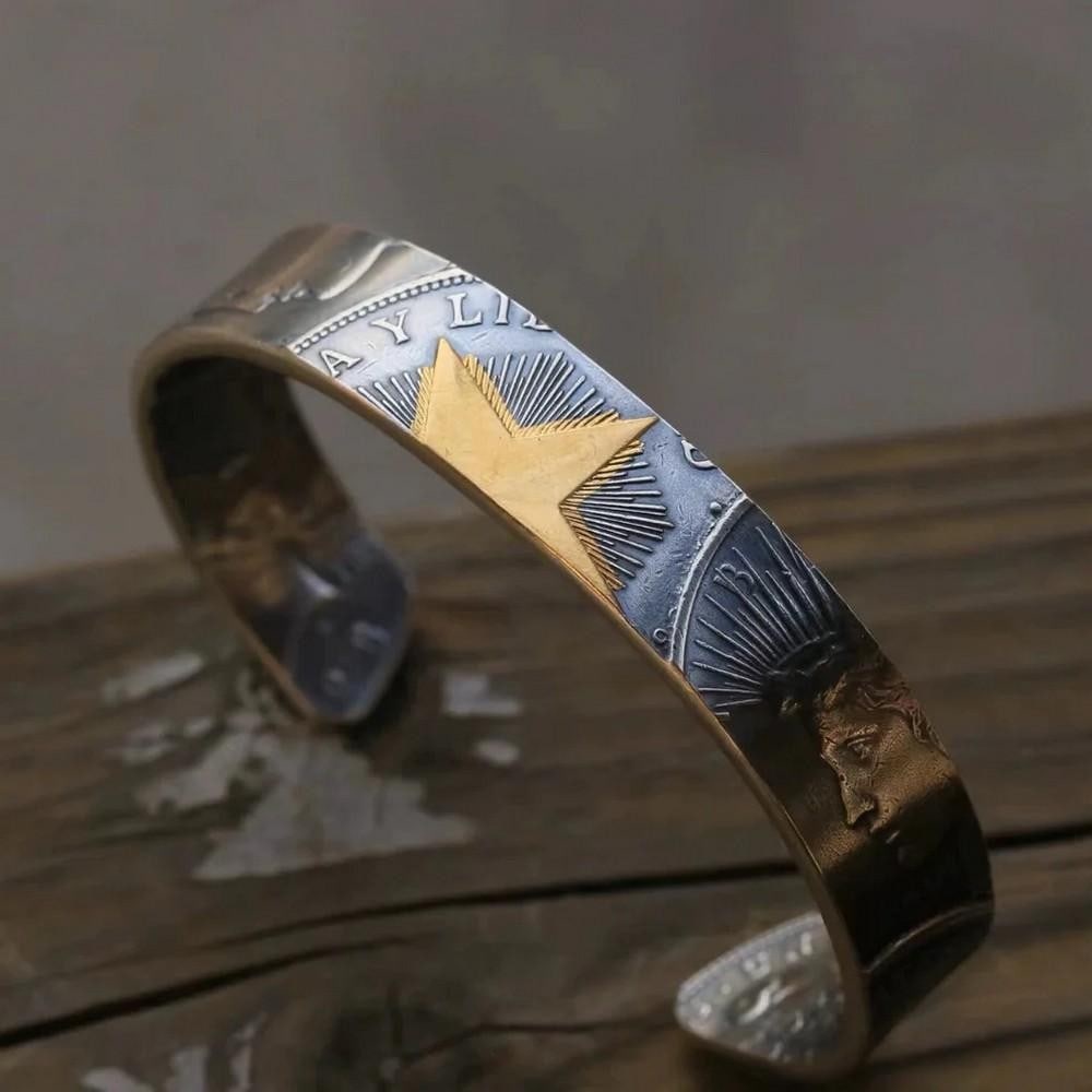 Liberty Flying Eagle Silver Coin Bangle: Liberty Flying Eagle Silver Coin Bangle Handcrafted from genuine antique silver coins - including the 1921 Morgan, 1925 Dove of Peace, and Cuban 1 Peso - this striking bangle features double-sided