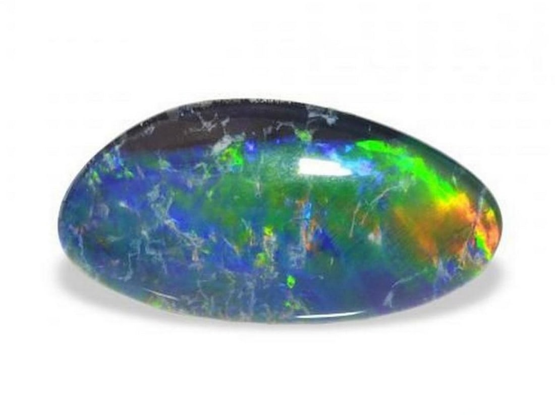 3.77 ct Fancy Cabochon Natural Multicolor Opal Triplet: 3.77 ct Fancy Cabochon Natural Multicolor Opal Triplet Introducing the Fancy Cabochon Natural Multicolor Opal Triplet, an assembled gem showcasing vibrant flashes of color across an opaque surface.