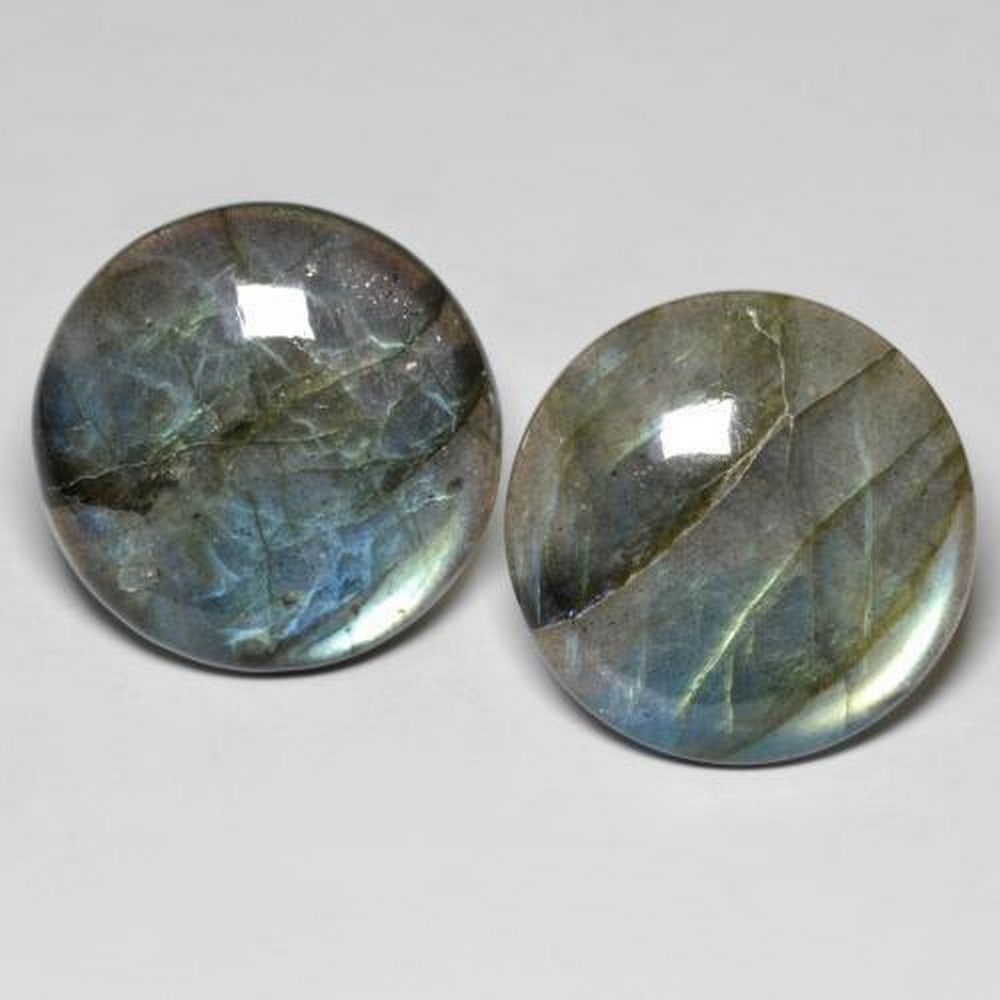 2pc Round Labradorite Pair: 2pc Round Labradorite Pair - Matching Labradorite is considered one of the most powerful protectors in the healing gemstones. This iridescent pair would look perfect as a pair of earrings. Dimension