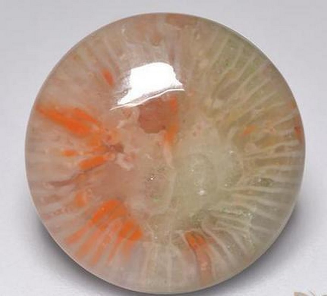 7.31 ct Round Coral Gemstone: 7.31 ct Round Coral Gemstone from Indonesia Type: Coral Weight: 7.31 ct 1 gem Approximate Size: 14.9 X 4.53 mm Shape: Round Cabochon Colour: MultiColour Clarity: Translucent Treatment: Untreated Orgin