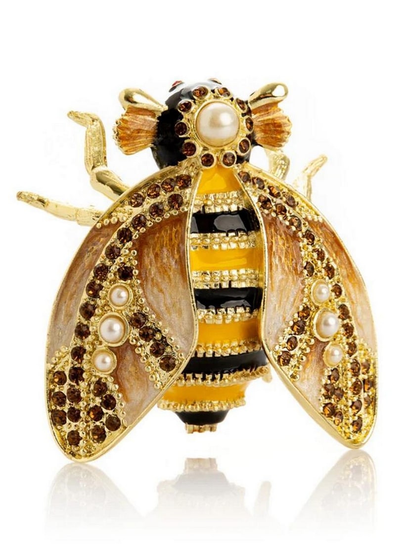 24K Gold Plated Honey Bee Enamel Trinket Box: 24K Gold Plated Honey Bee Enamel Trinket Box This enamel painted trinket box, decorated with Austrian crystals, is handmade and plated with 24K gold. Crystals are handpicked and artistically placed