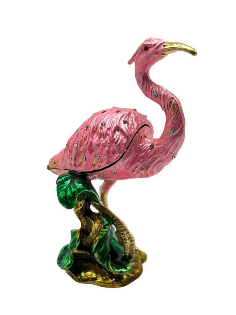 Flamingo Trinket Box: Flamingo Trinket Box Made from high-quality metal, it showcases a stunning flamingo design with intricate detailing and a radiant finish. Adorned with sparkling jewels, this trinket box captures the e