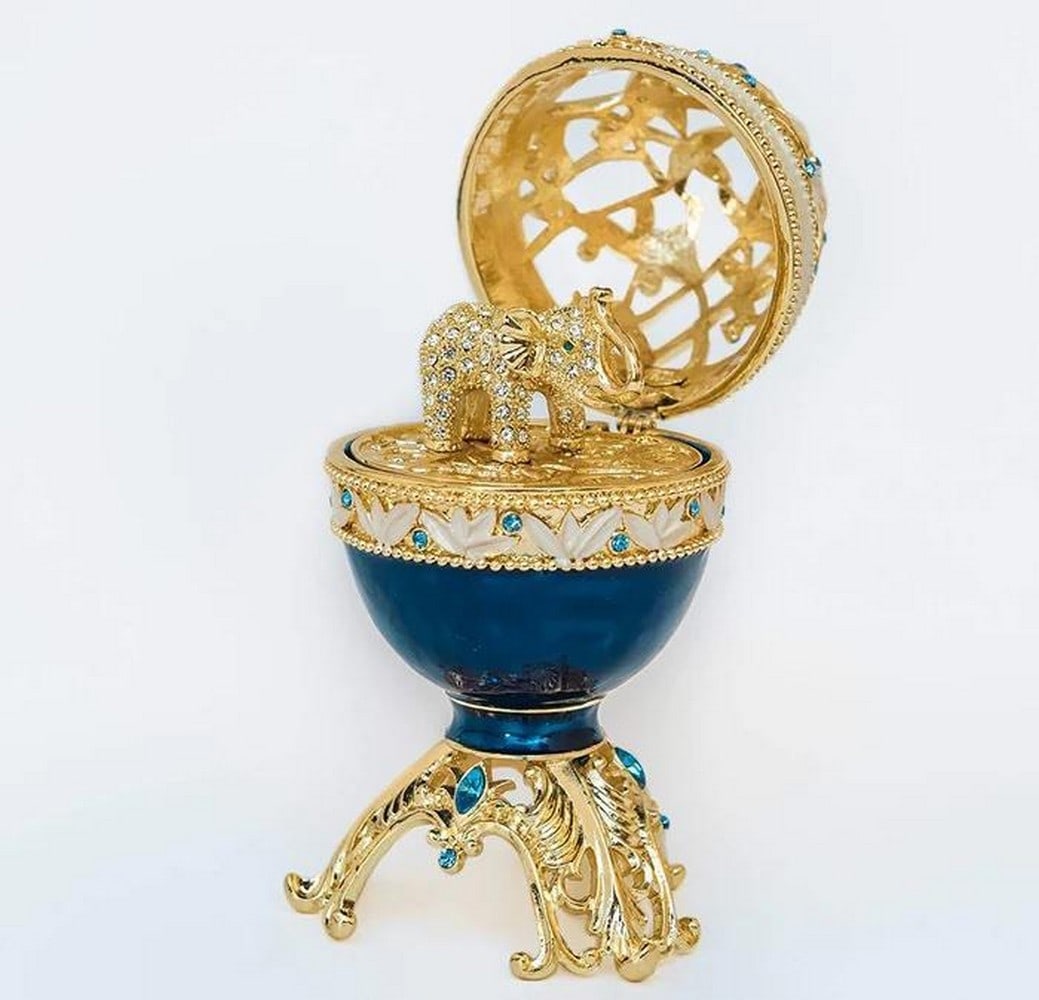Regal Azure Faberge Egg Featuring a Majestic Golden Elephant: Regal Azure Faberge Egg Featuring a Majestic Golden Elephant Immerse yourself in the epitome of elegance with our Regal Azure Faberge Egg Featuring a Majestic Golden Elephant - a radiant fusion of
