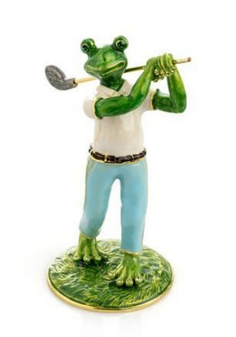Golfing Frog Trinket Box: Golfing Frog Trinket Box Bringing humor and charm to the green, this delightful trinket box features a whimsical frog swinging with a golf club in hand. Detailed with playful expression and vibrant
