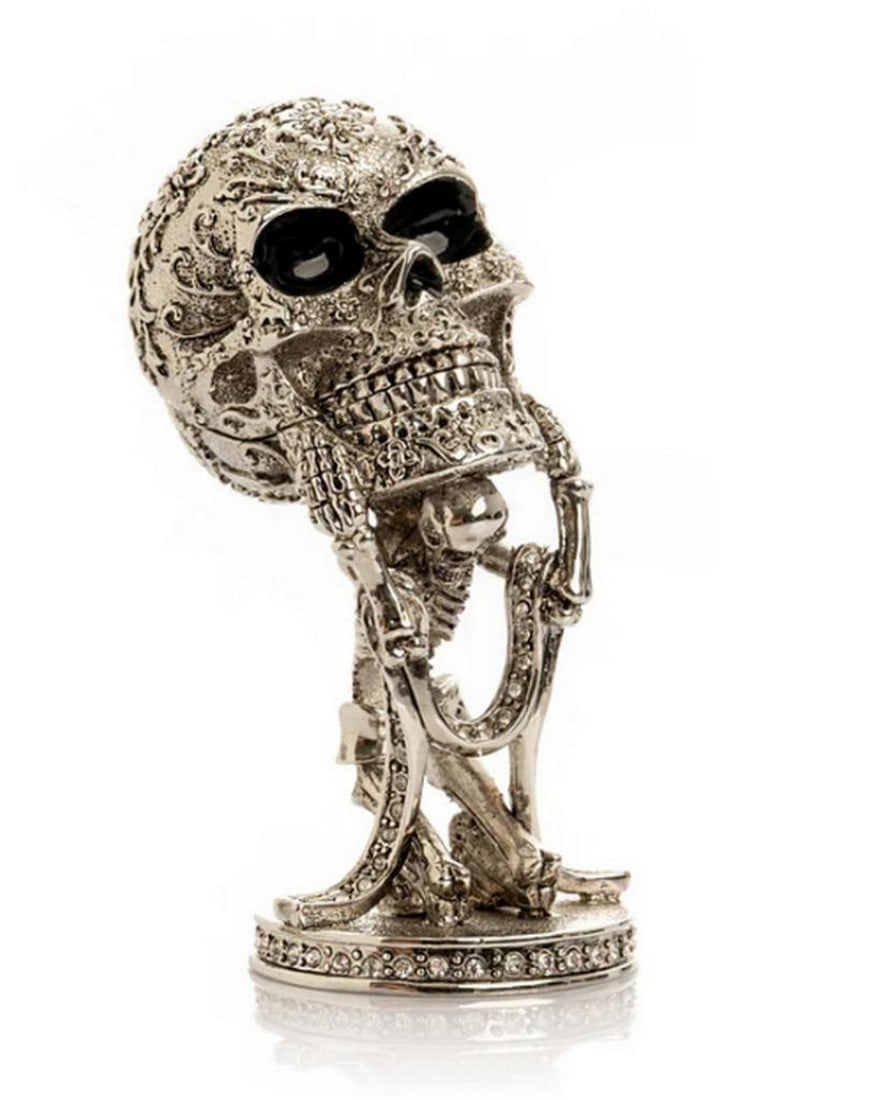 Silver Skeleton's Vigil Trinket Box: Silver Skeleton's Vigil Trinket Box This enamel-painted trinket box, plated in either 24K gold or 925 silver, is meticulously hand-painted using a unique enamel technique and adorned with handpicked
