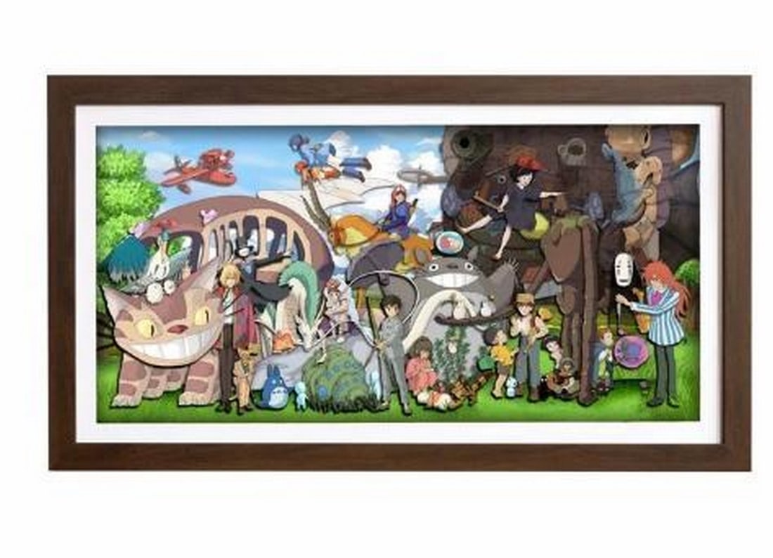 Spirits of Miyazaki 3D Paper Art in Walnut Wood Frame: Spirits of Miyazaki 3D Paper Art in Walnut Wood Frame Step into the enchanting world of Studio Ghibli with this stunning 3D paper art piece, handcrafted to bring the beloved characters of Hayao